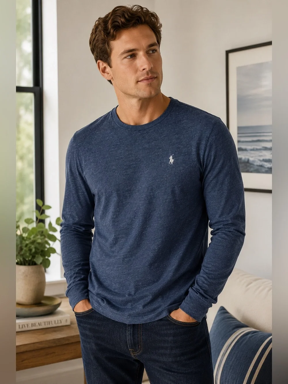 Polo Ralph Lauren Custom Slim Fit Blue Heather Long Sleeve T-Shirt Size M